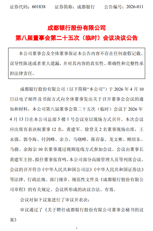 成都银行：聘任副行长罗结兼任董事会秘书