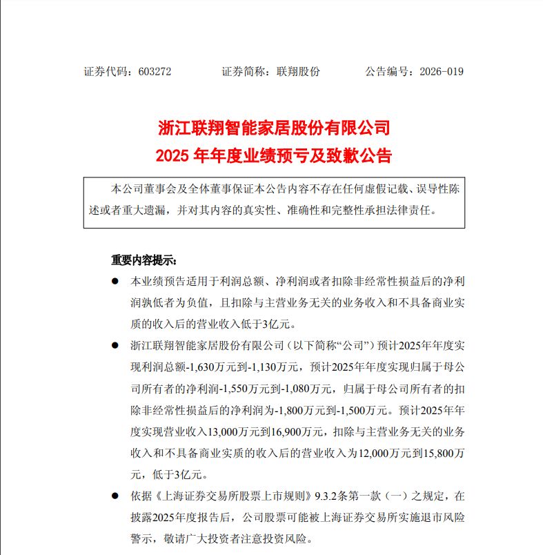 业绩预告亏损却未在1月披露，联翔股份致歉！业内人士：理由牵强⋯⋯