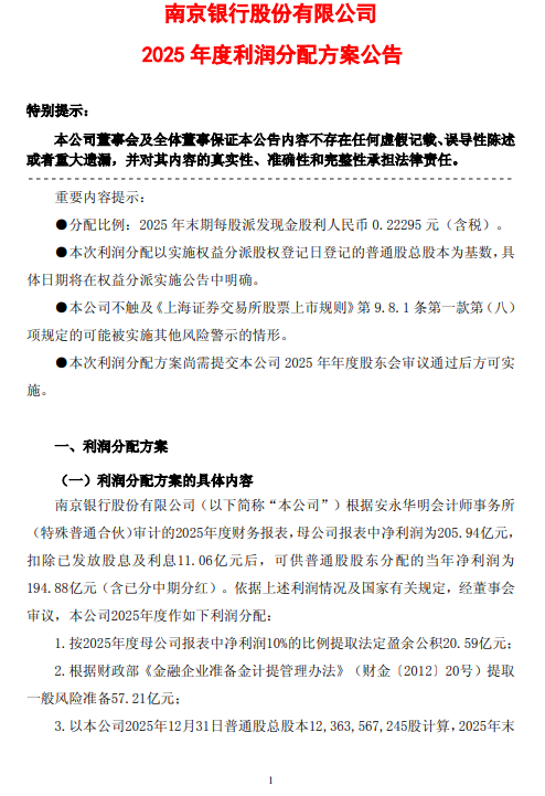 南京银行发布2025年度利润分配方案 拟10派2.2295元